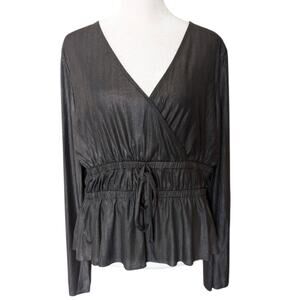 Andrew Marc New York Charcoal Iridescent Silver Faux Wrap Peplum Top Large